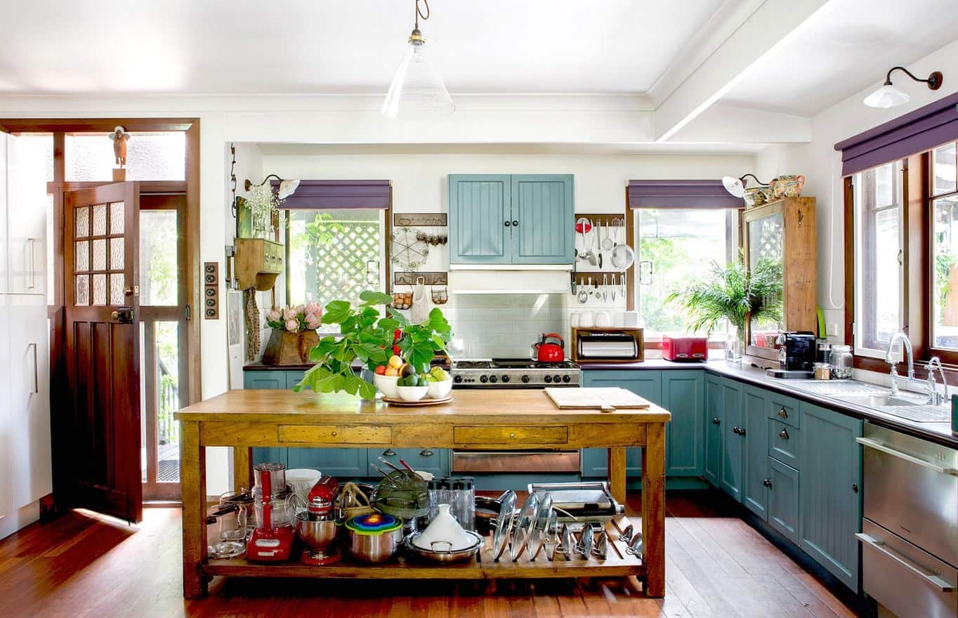 eclectic-kitchen-deisgn-with-texture contrasting materials for cabinets