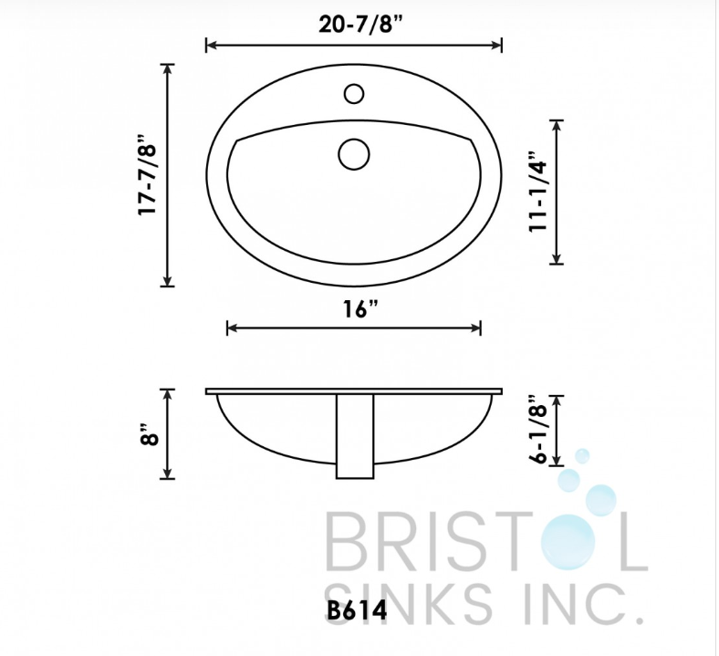 B614 VITREOUS CHINA OVAL TOP-MOUNT BATHROOM SINK-1 FAUCET HOLES - Image 3