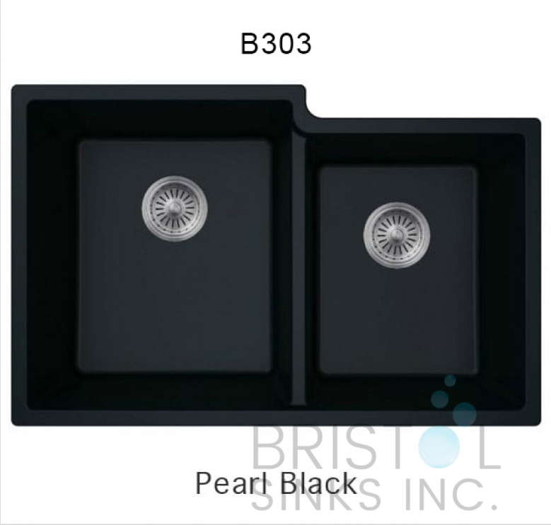 B303 VIRTUO GRANITE DOUBLE UNDERMOUNT OFFSET BOWL KITCHEN SINK-PEARL BLACK