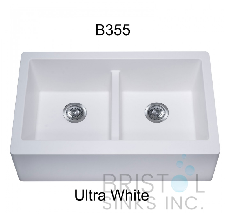 B355-VIRTUO GRANITE FARMHOUSE/APRON DOUBLE BOWL KITCHEN SINK-ULTRA WHITE